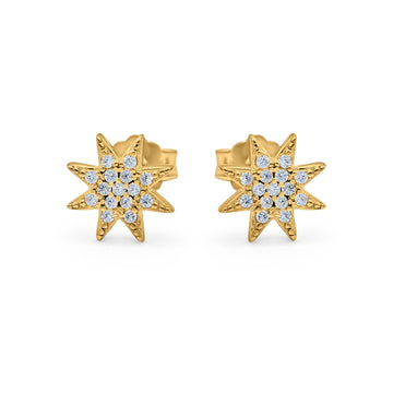 Starburst Stud Earrings Round Yellow Tone, Simulated CZ 925 Sterling Silver